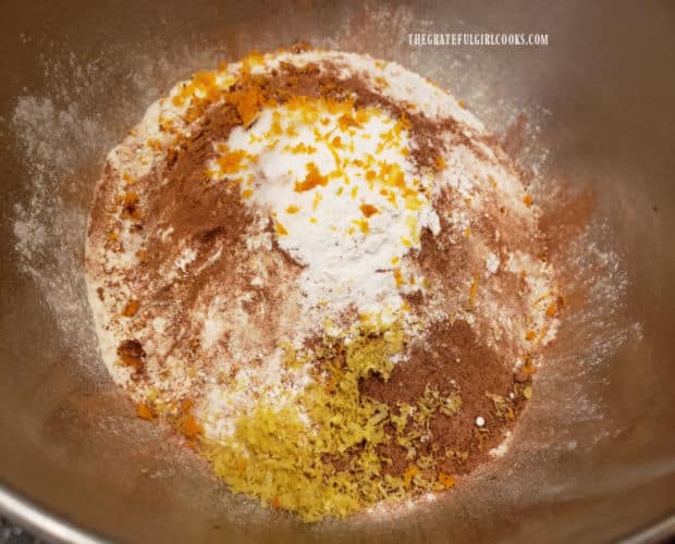 Dry ingredients, plus orange and lemon zest are combined in a separate large bowl.