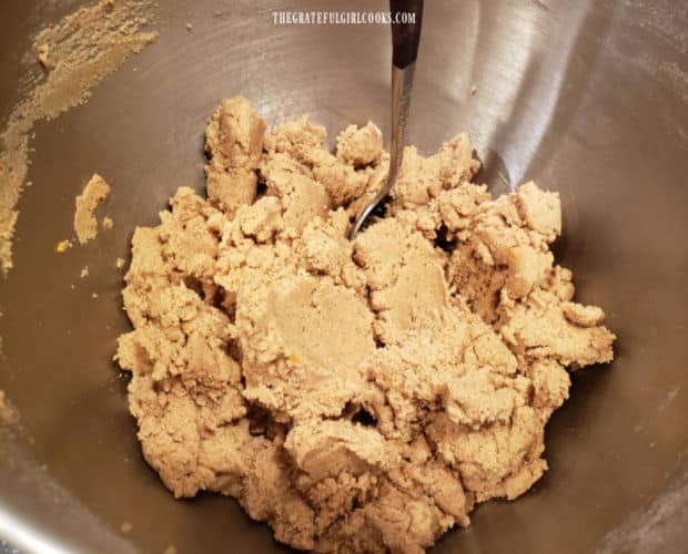 Dough for the cinnamon crinkle cookies is thick and ready to shape into balls of dough.