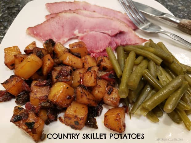 Country Skillet Potatoes are tender potatoes, caramelized with onions, garlic and bell peppers. It's a great side dish for a breakfast or entree.