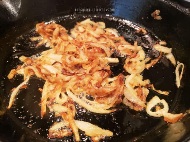 Caramelized onions are nicely browned in butter before adding to dip mixture.