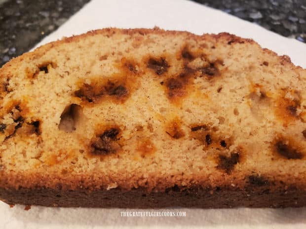 One slice of snickerdoodle bread, filled with cinnamon chips.