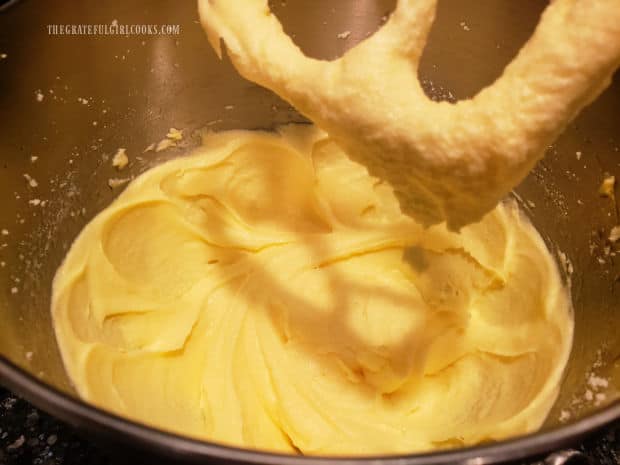 Butter, sugar and eggs are beaten until very smooth with an electric mixer.