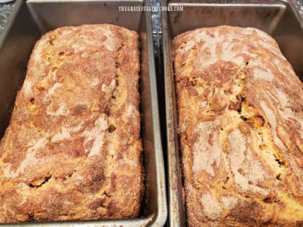Two loaves of baked snickerdoodle bread, cooling in their pans before being removed.