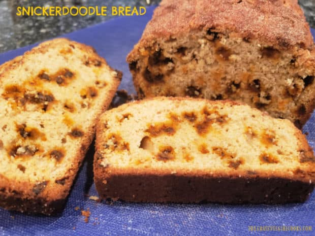 Make 2 large loaves (or 5 small) of Snickerdoodle Bread, a delicious sweet bread filled with cinnamon chips, and topped with cinnamon-sugar.