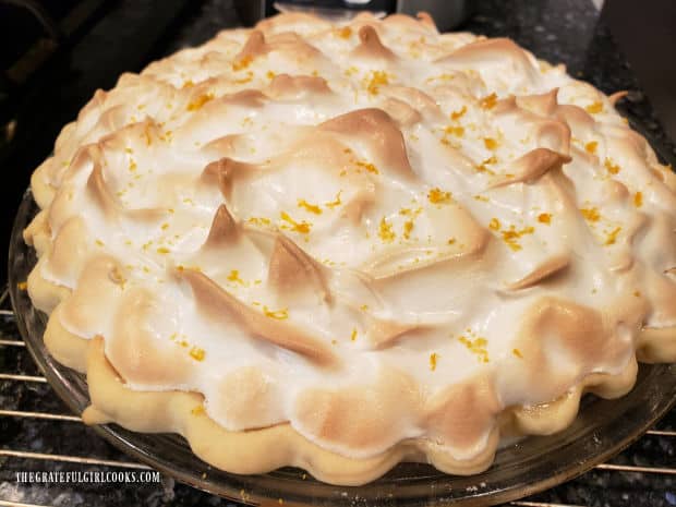 Lemon zest is added to top of the sour cream lemon meringue pie after baking.