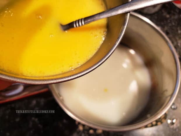 Once tempered, egg mixture is added into the pan with the thickened milk mixture.