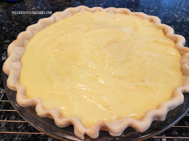Pre-baked pie crust is filled with the creamy lemon filling.