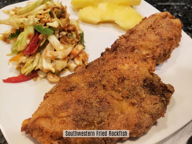 Southwestern Fried Rockfish is an easy, delicious seafood dish! Taco mix seasoned fillets, coated in cornmeal/flour are fried until crunchy.