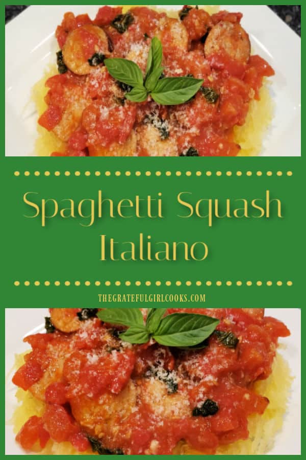 Enjoy delicious (and filling) Spaghetti Squash Italiano, with Italian sausage links, roasted spaghetti squash, tomatoes, garlic and basil. 