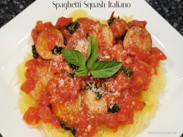 Enjoy delicious (and filling) Spaghetti Squash Italiano, with Italian sausage links, roasted spaghetti squash, tomatoes, garlic and basil. 
