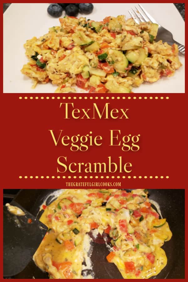 TexMex Veggie Egg Scramble is a delicious and filling breakfast, flavored with zucchini, scallions, bell peppers, tomatoes and spices.