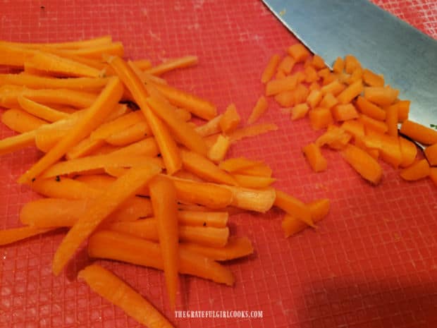Carrots are cut into matchsticks, then rough chopped for the coleslaw.