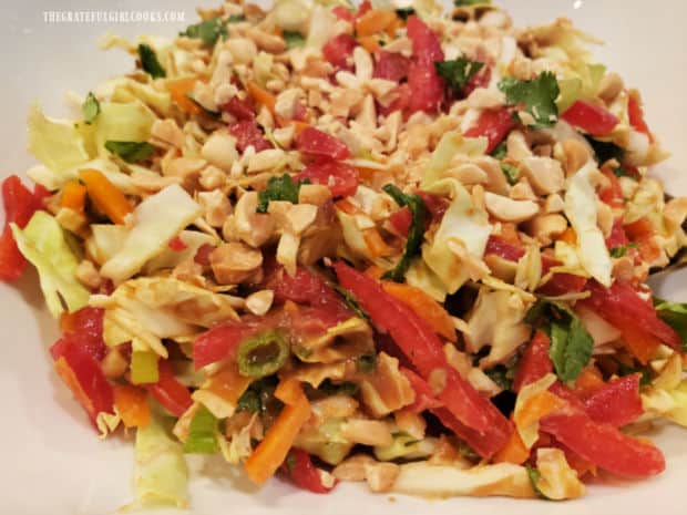 A close up picture of the Thai coleslaw in peanut sauce, ready to eat.