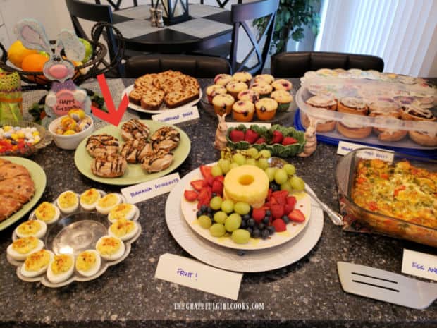 Easter brunch included the baked banana doughnuts (see red arrow).