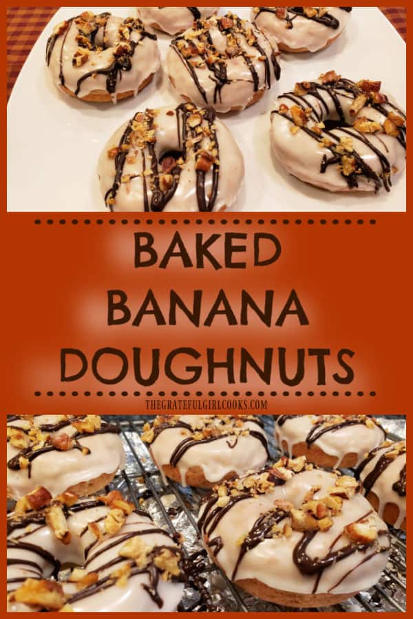 Whip up some Baked Banana Doughnuts, glazed, then topped with chocolate and toasted nuts! Easy to make, delicious, and ready in 25 minutes!