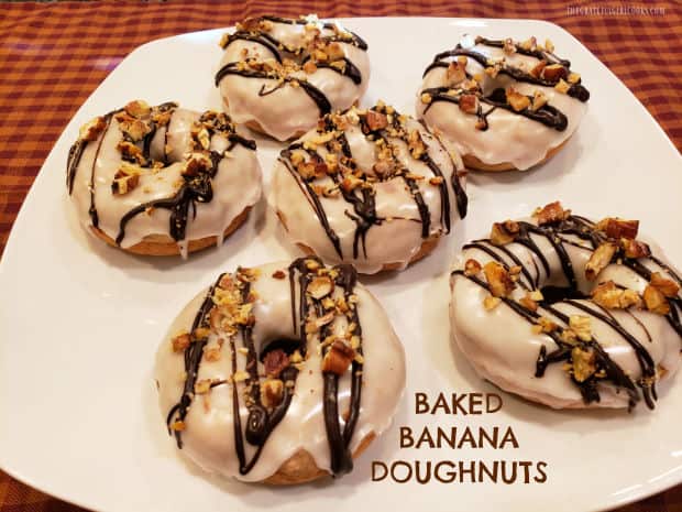 Whip up some Baked Banana Doughnuts, glazed, then topped with chocolate and toasted nuts! Easy to make, delicious, and ready in 25 minutes!