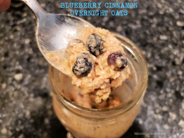 Blueberry Cinnamon Overnight Oats are a delicious, "make ahead" meal (5 min. prep). Chill overnight, then enjoy a blueberry-packed breakfast!