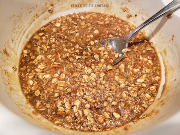 The batter for the pecan pie baked oatmeal is combined and ready to put into pan.