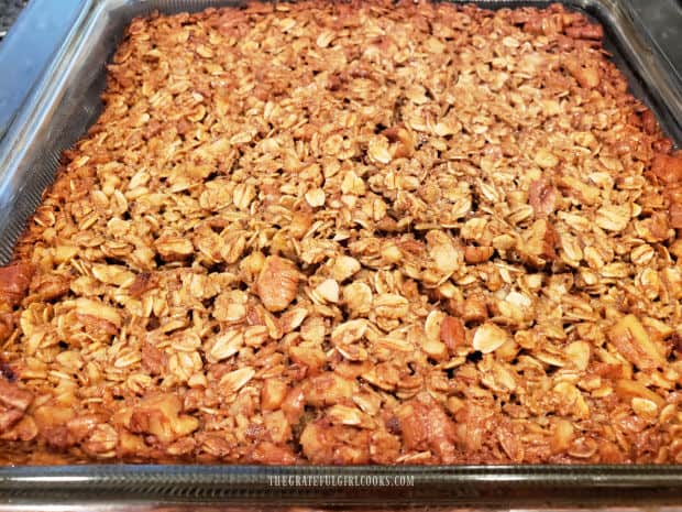 Pecan Pie Baked Oatmeal cools after being baked and removed from oven.
