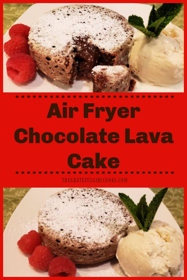 Make a scrumptious Air Fryer Chocolate Lava Cake with 5 minutes prep and 10 minutes cooking time! Easy recipe makes 2 gooey molten lava cakes!