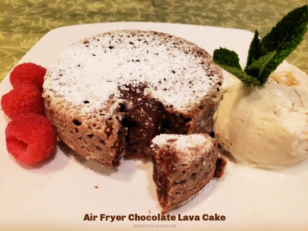 Make a scrumptious Air Fryer Chocolate Lava Cake with 5 minutes prep and 10 minutes cooking time! Easy recipe makes 2 gooey molten lava cakes!