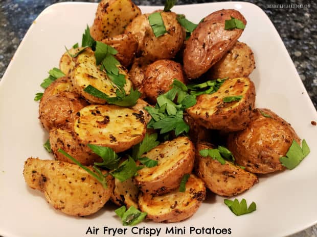 It doesn't take long to make Air Fryer Crispy Mini Potatoes! Crispy outside, soft inside and seasoned well, they're a great veggie side dish!
