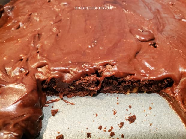 A pan of frosted chocolate peanut butter brownies showing the inside after removing brownies..