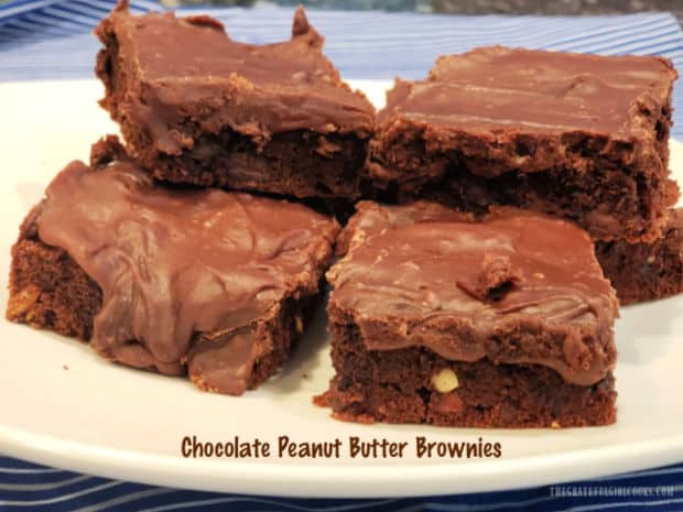 Chocolate Peanut Butter Brownies are filled with chopped peanuts, chocolate chips and peanut butter, and are absolutely delicious!