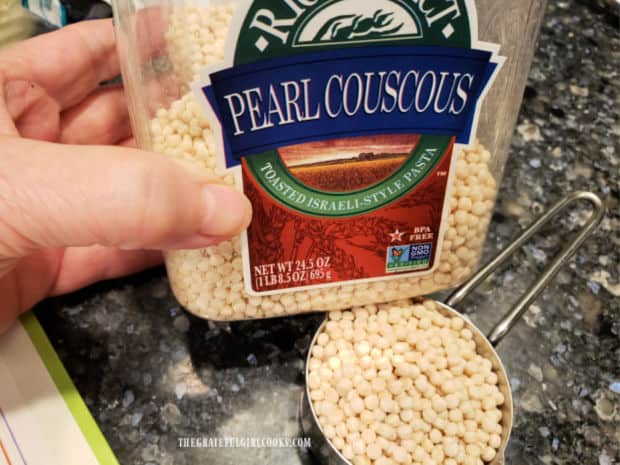 Pearl couscous is used in this recipe, and is pearl-shaped pasta.