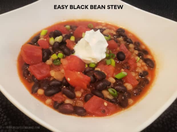 Easy Black Bean Stew is a hearty meatless dish, with black beans, pearl couscous, onions, and tomatoes in a savory Southwestern-style broth.