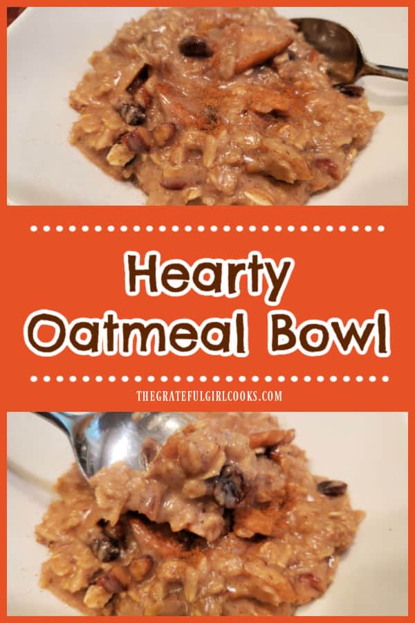 Enjoy a hearty oatmeal bowl, a filling breakfast with oats, toasted pecans, raisins, apples, brown sugar and cinnamon! Easy and delicious!