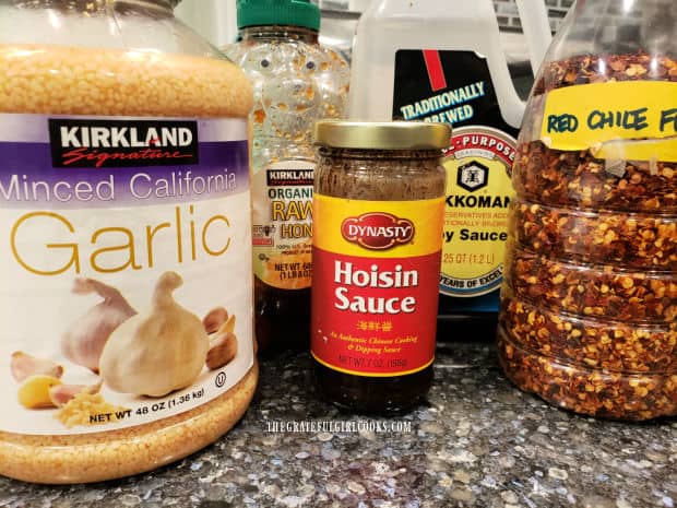Marinade ingredients are hoisin sauce, soy sauce, garlic, honey, and crushed red peppers.