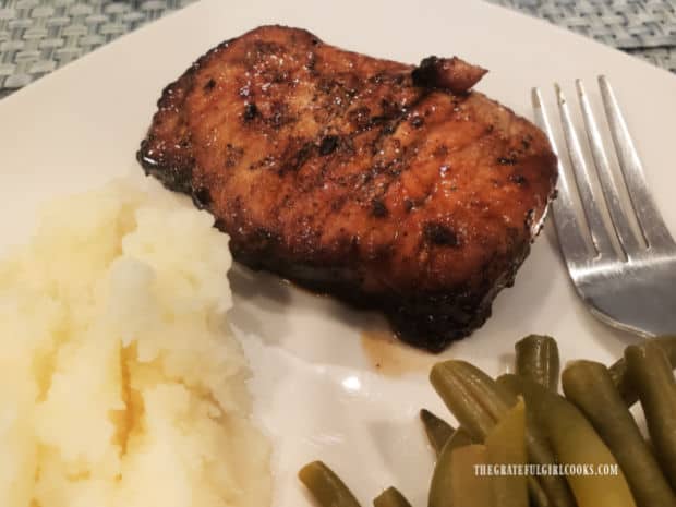 Green beans and mashed potatoes, served with one of the hoisin marinated pork chops.