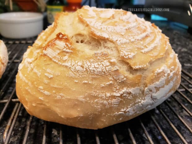 One of the no knead mini loaves of hot bread, ready to be sliced.