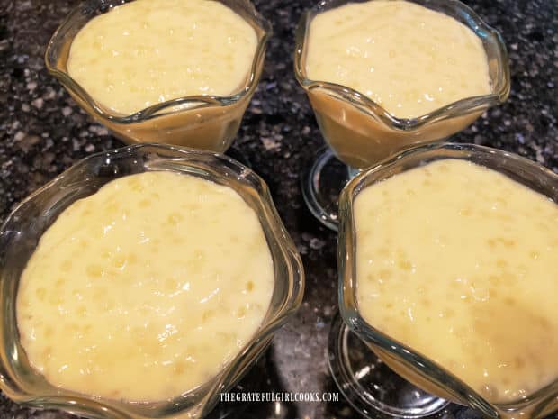 Four servings of old-fashioned tapioca pudding, ready to be refrigerated.