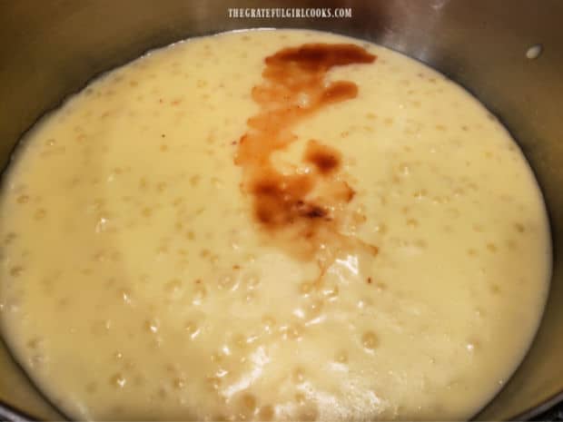 Vanilla extract is added to the tapioca pudding, once off the heat.