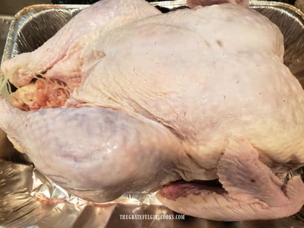 A 20 lb. turkey is patted dry, then placed on wire rack in a roasting pan.
