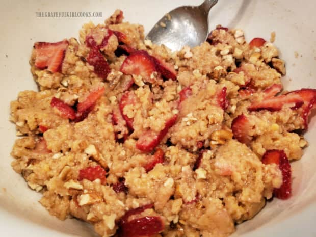 The dough for the strawberry pecan bread is ready to add to a loaf pan for baking.