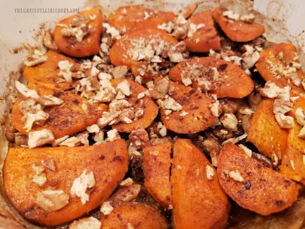 Sweet Potato Apple Bake is golden brown and tender to the bite when done baking.