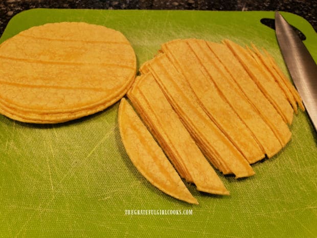 Corn tortillas are sliced into 1/2" strips for the soup.