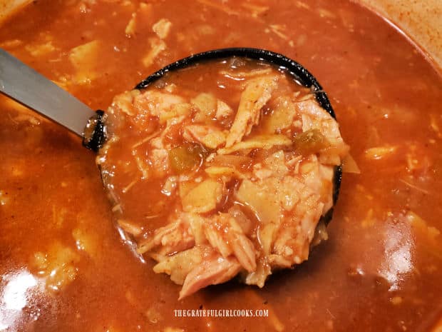 A ladle full of the turkey tortilla soup, ready to be served.