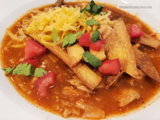Bowl of turkey tortilla soup is garnished with tomatoes, cheese, baked tortilla strips and cilantro.