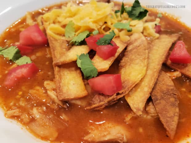 Shredded cheese, tomatoes, cilantro and baked tortilla strips top the soup.