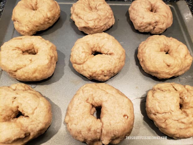 After boiling, the banana nut bagels are put on baking sheet to be baked.