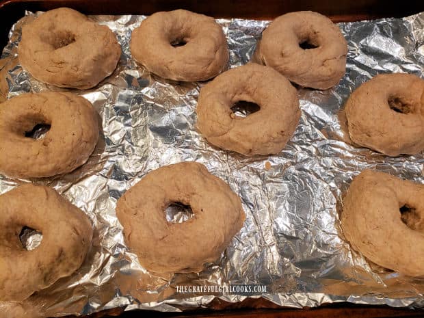 Banana nut bagels have been shaped, and wait to be boiled.