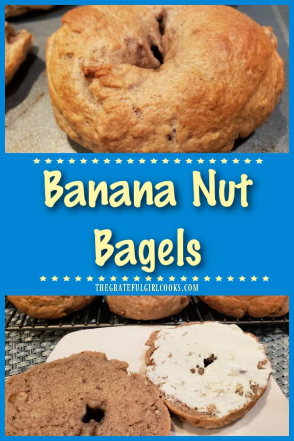 Make a batch of 9 homemade New York-style Banana Nut Bagels from scratch! They're chewy, delicious, and can be made with pecans or walnuts!