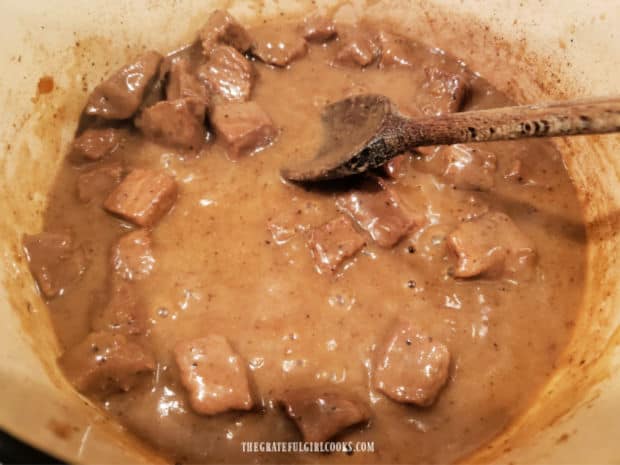 Beef tips and gravy are ready to serve when beef is tender and gravy has thickened.