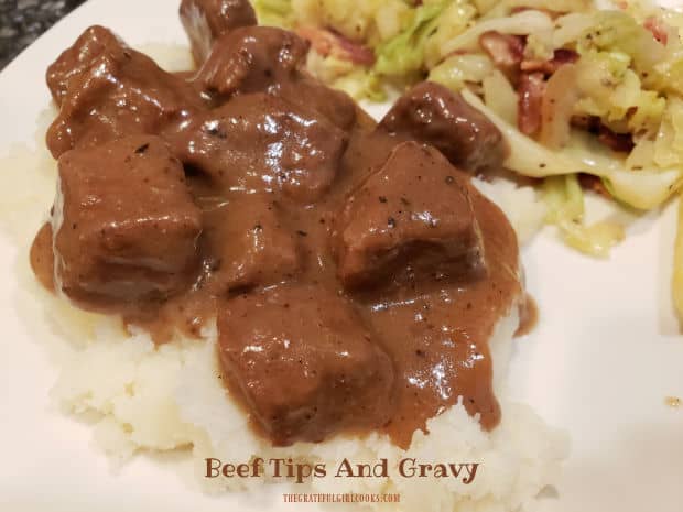 Enjoy delicious Beef Tips And Gravy on top of mashed potatoes or buttered noodles! One pan and minimal prep makes this a great dinner for 2.