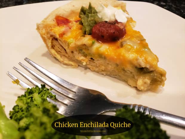 Make a delicious Chicken Enchilada Quiche, with a corn tortilla crust filled with two cheeses, chicken, eggs, spices, onions and green chilis!