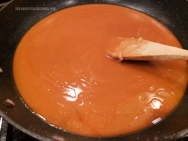 Once sugar and butter are completely melted and smooth, the skillet is removed from the heat.